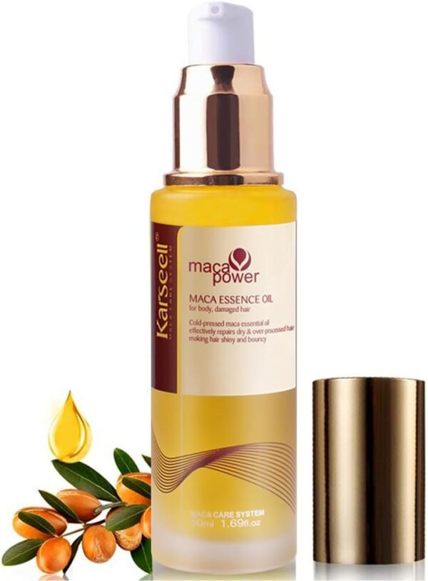Karseell Maca Essence Oil Hair Oil Moroccan Argan Oil 50ml for Hair & Skin, Cold Pressed Maca Essence Argan Oil Hair Oil for Dry Damaged Hair All Hair Types 50ml