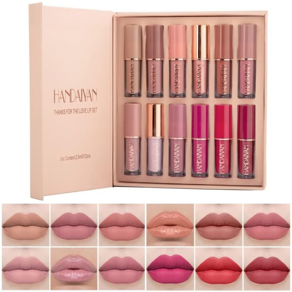 Handaiyan 12 Color Matte Liquid Lipstick Set Long-Lasting Smudge Proof 2.5ml Lip Gloss Set Matte Pearlescent Non-Sticky Lip Glaze Lipstick