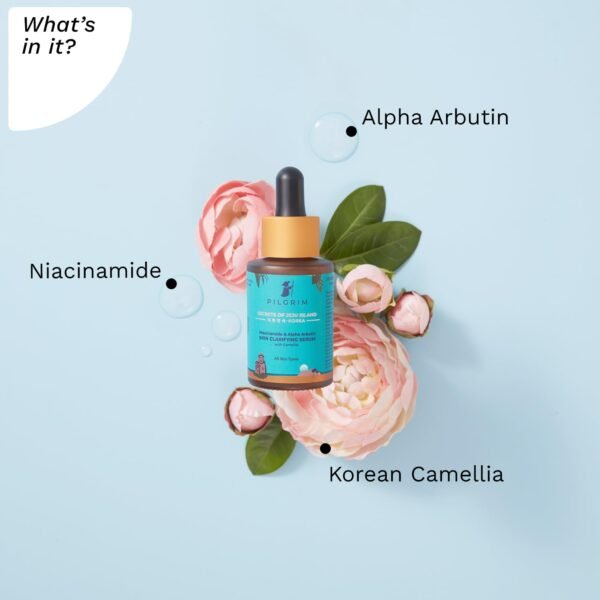 PILGRIM Niacinamide & Alpha Arbutin Serum 30ML With Camellia | Skin Clarifying Facial Serum for Acne-Prone Skin | Strengthens Barrier, Controls Oil & Fades Acne Scars