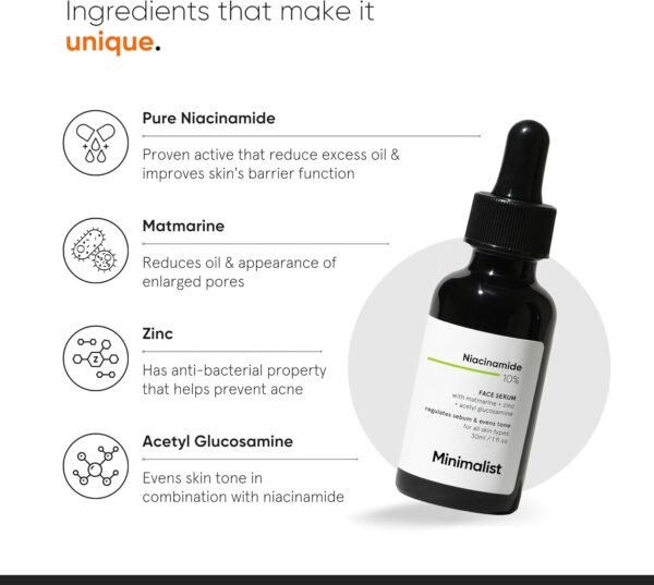 Minimalist 10% Niacinamide Face Serum 30ml for Acne Marks, Blemishes & Oil Balancing with Zinc | Skin Clarifying Anti Acne Serum for Oily & Acne Prone Skin, Transparent