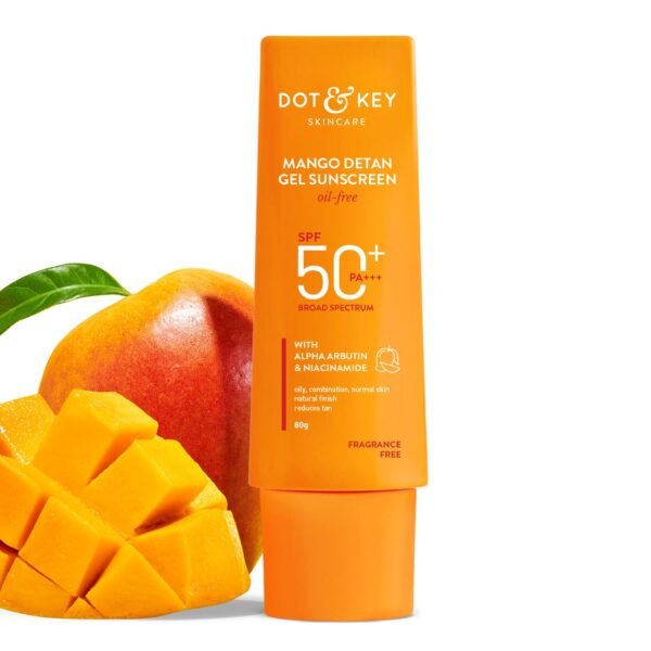 Dot & Key Mango Detan Gel Sunscreen SPF 50+ PA+++ 80gm | Oil-Free, With Alpha-Arbutin & Niacinamide | Controls Tanning, Brightens Skin | Fades Dark Spots, Water Resistant | All Skin Types