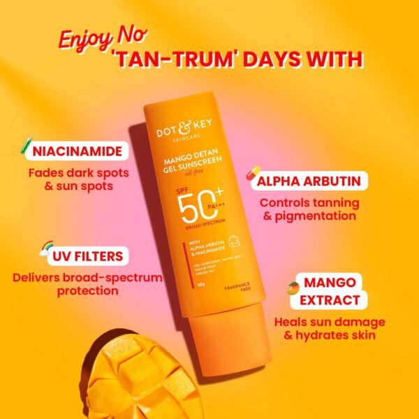 Dot & Key Mango Detan Gel Sunscreen SPF 50+ PA+++ 80gm | Oil-Free, With Alpha-Arbutin & Niacinamide | Controls Tanning, Brightens Skin | Fades Dark Spots, Water Resistant | All Skin Types