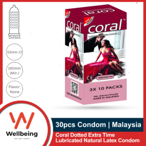 Extra Time Condom - Coral Dotted Extra Time Lubricated Natural Latex Condoms for Men | Full Box 10 Pack 3x10=30 | Malaysia