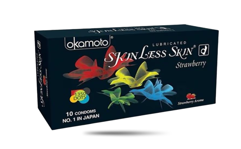AKASH WB New Image (970 x 600 px) (52) Okamoto Skinless Strawberry Aroma Flavor 1350 Dotted Condom 10pcs Pack | Japan - Image 1