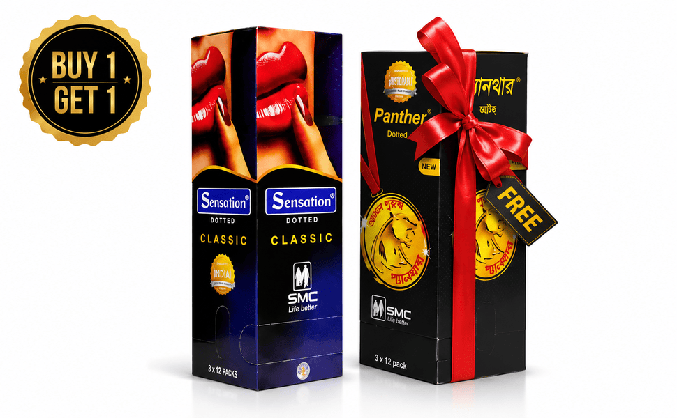 ChatGPT Image Aug 17, 2026, 01_06_34 PM (1) Buy 1 Get 1 – SMC Sensation Classic Condom + FREE Panther Dotted Condom Full Box - Image 1