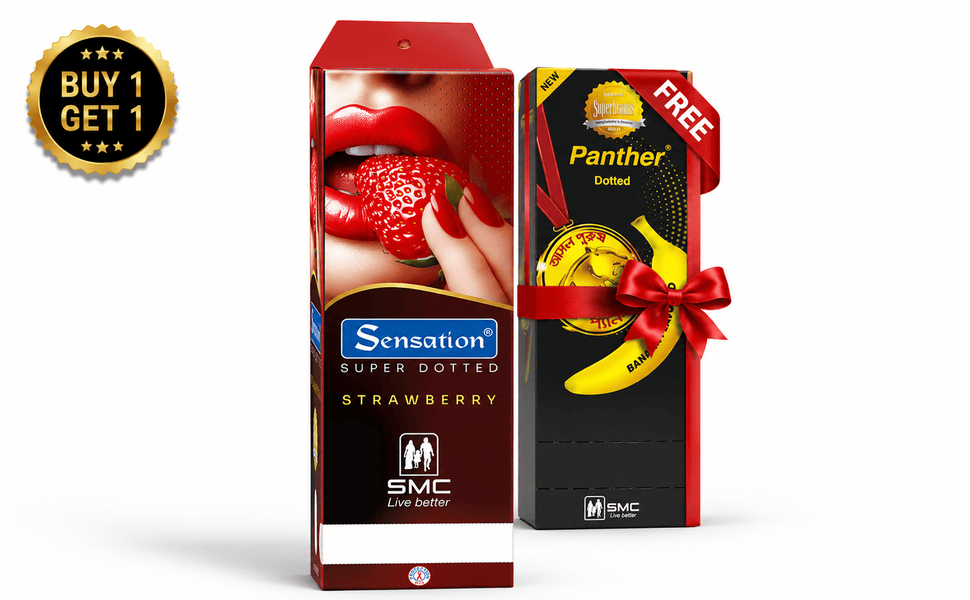 ChatGPT Image Aug 17, 2026, 12_54_40 PM Buy 1 Get 1 – SMC Sensation Strawberry Condom + FREE Panther Banana Dotted Condom Full Box - Image 1