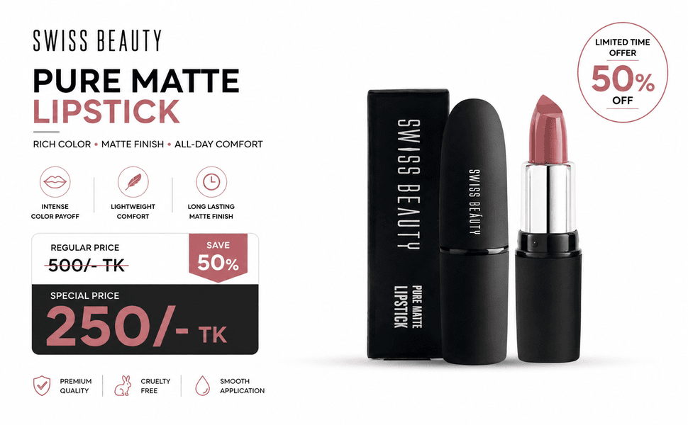 ChatGPT Image Aug 19, 2026, 04_58_21 PM Swiss Beauty Pure Matte Creamy Lipstick 1pcs 3.8gm | All Shades Available - Image 1