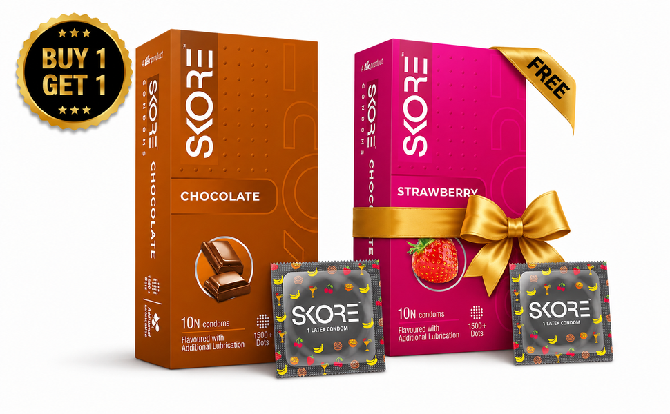 SKORE_Buy1Get1_970x600 Buy 1 Get 1 – Skore Chocolate 10pcs + FREE Strawberry Flavor Condom 10pcs Pack | India - Image 1