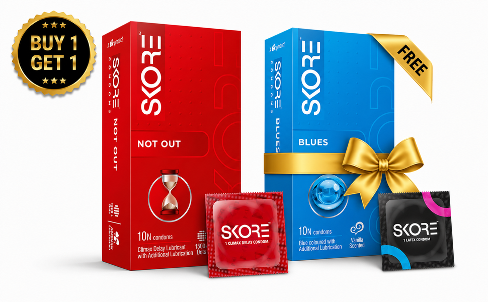 SKORE_NotOut_Blues_Buy1Get1_970x600 Buy 1 Get 1 – Skore Not Out Climax Delay Condom 10pcs + FREE Blue Color Condom 10pcs Pack | India - Image 1