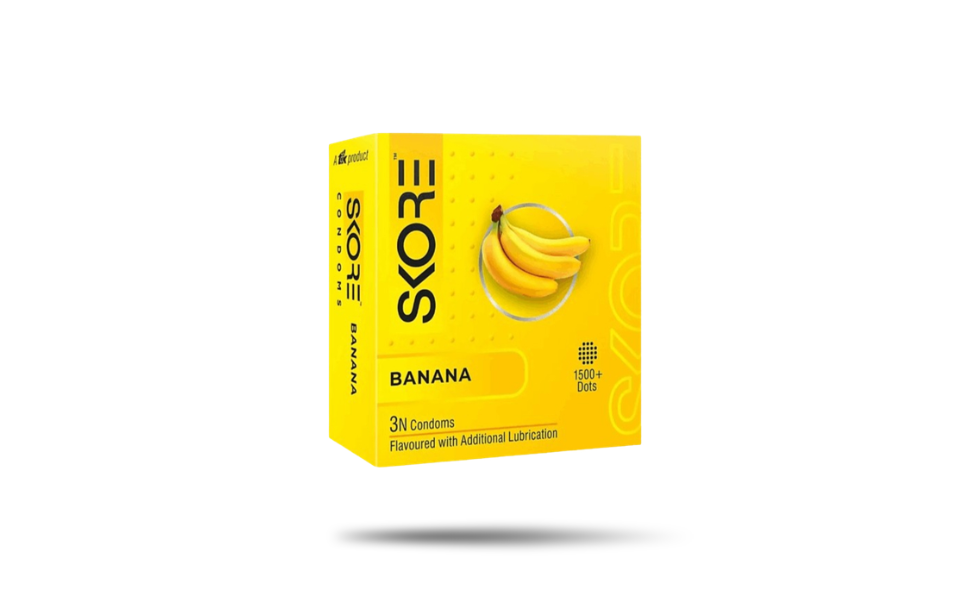 WB New Image (970 x 600 px) (100) Skore Banana Flavor 1500+ Dots Condom 3pcs Pack | India - Image 1