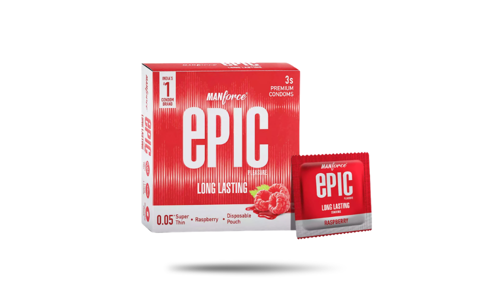 WB New Image (970 x 600 px) (9) Manforce Epic Pleasure Super Thin 0.05mm Long Lasting Raspberry Flavor Condom 3pcs Pack | India - Image 1