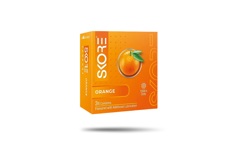 WB New Image (970 x 600 px) (99) Skore Orange Flavor 1500+ Dots Condom 3pcs pack| India - Image 1