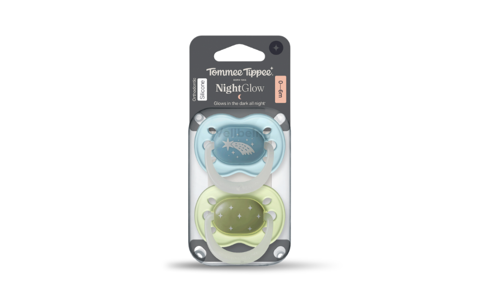 WB New Image (970 x 600 px) - 2026-09-16T123331.523 Tommee Tippee Silicone Pacifier Night Glow Soother, 0-6 months, 2 Pack of Glow in the Dark Soothers - Image 1