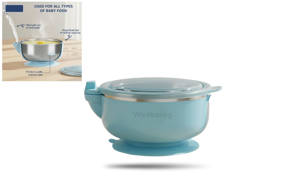 WB New Image (970 x 600 px) - 40 Stainless Steel Baby Feeding Bowl & Spoon with Suction Base | Stay Warm & Cool System - Image 1